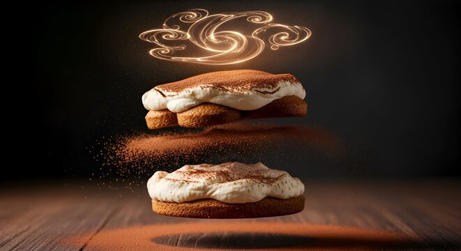 Indulge in a whimsical tiramisu fantasy with light swirls and cocoa dust, perfect for dessert lovers & food bloggers seeking dreamy creations
