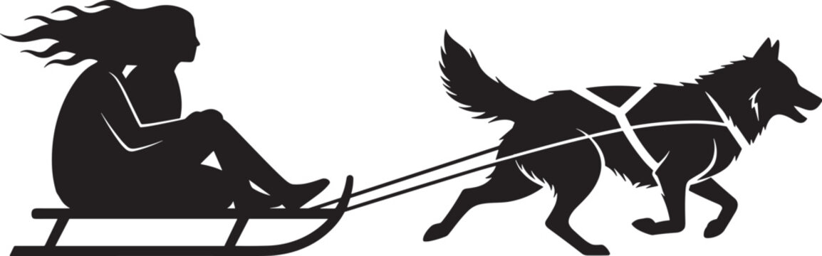 Silhouette of Woman Riding Dog Sled Isolated on Light Background Representing Winter Adventure and Outdoor Sport