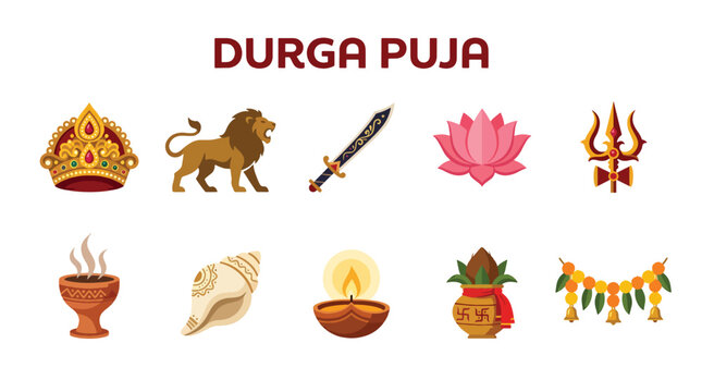 Durga puja religious festival icons and symbols set