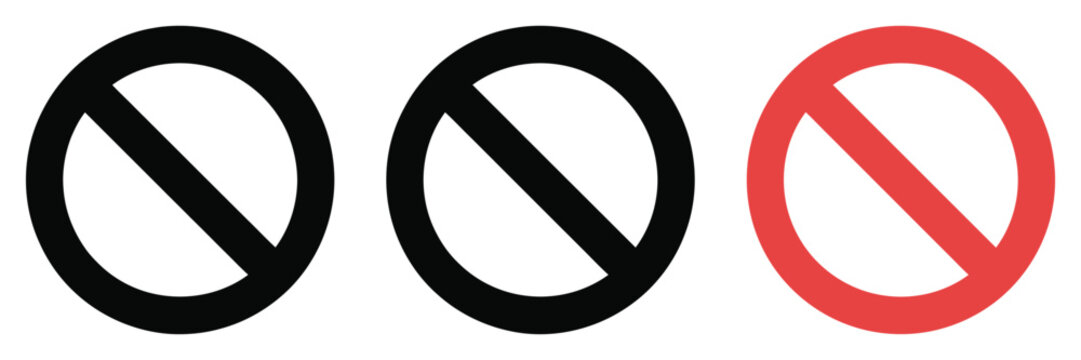 Prohibition icons, no symbol restriction signs, forbidden warning graphics, circle slash ban concept, vector illustration set.