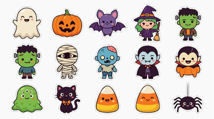 Obraz premium Cute Halloween characters collection: ghost, pumpkin, bat, witch, monster, mummy, zombie, vampire, black cat, candy corn, spider. Isolated on white background