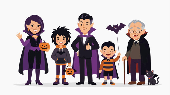 A family dressed as vampires for Halloween, holding pumpkins and a bat. Isolated on white background
