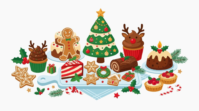 A delightful spread of festive Christmas treats, including gingerbread cookies, Yule log, pudding, and cupcakes, arranged on a table. Isolated on white background