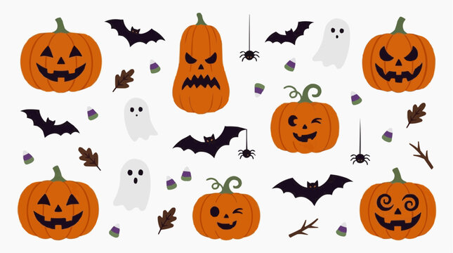 Collection of Halloween icons including pumpkins, bats, ghosts, and spiders Isolated on white background