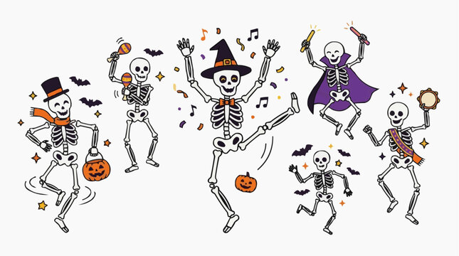 A group of skeletons dancing joyfully at a Halloween party. They are dressed in various costumes and surrounded by festive decorations Isolated on white background