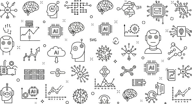 A seamless pattern of various line art icons representing artificial intelligence, machine learning, robotics, and data technology on a white background.