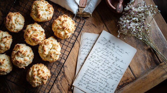 Drop biscuits on a wire rack beside handwritten recipe card top view