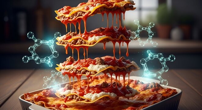 Delicious homemade lasagna with savory sauce and meat filling, enhanced with scientific molecule graphics for an innovative food tech concept