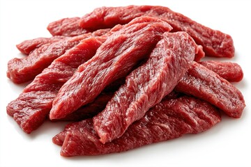Fototapeta premium A pile of raw, thinly sliced beef strips, ready for cooking, showcasing their vibrant red color and texture.