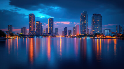 Obraz premium Modern city skyline at twilight with vibrant neon reflections on water. Cityscape background at sunset.