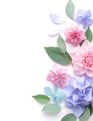 Fototapeta premium Delicate Pastel Paper Flowers Arranged with Green Leaves on White Background