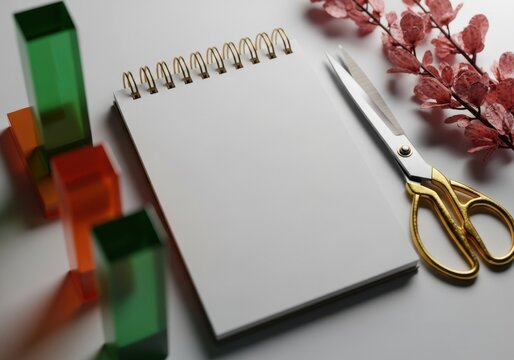 Blank Spiral Notebook on Desk with Gold Scissors and Dried Leaves for Aesthetic Branding Mockup and Creative Stationery Design