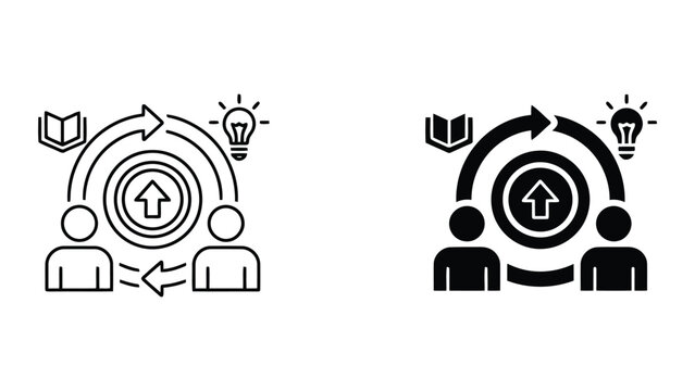 Creative knowledge sharing and intellectual growth concept icon showing people learning and exchanging ideas in a circular process flow illustrated in minimalist vector line art