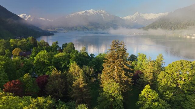 Sunrise over Zell am See mountain lake with green trees, misty water and snowy alpine peaks in Austria. Scenic aerial view of Zell am See region at sunrise in spring. Snowy Austrian Alps