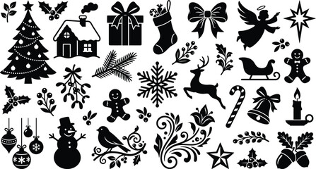 Christmas themed silhouettes on a white background decorative winter collection © AhsanunNahar
