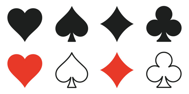 Playing card suit icons, hearts spades diamonds clubs symbols, black casino gambling poker graphics, vector illustration set.