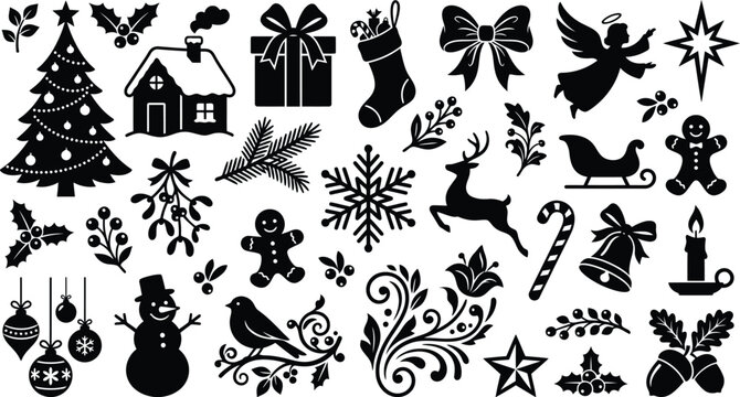 Christmas themed silhouettes on a white background decorative winter collection