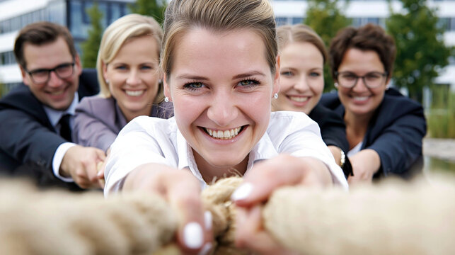 Eine Gruppe l&auml;chelnder Menschen in Businesskleidung zieht gemeinsam an einem Seil als Symbol f&uuml;r Teamarbeit und Zusammenhalt.