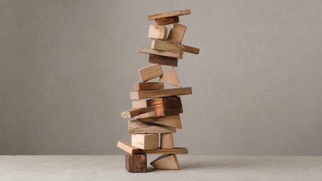 precarious. A precarious tower of wooden blocks stacked at unstable angles. lifestyle magazines, social media lookbooks, designed for lifestyle magazines and social media content.