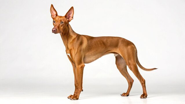 Isolated elegant Pharaoh Hound dog standing full body on a white studio background