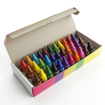 Open crayon box with assorted colorful crayons inside