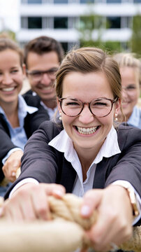 Eine Gruppe l&auml;chelnder Menschen in Businesskleidung zieht gemeinsam an einem Seil als Symbol f&uuml;r Teamarbeit und Zusammenhalt.