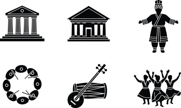 Indigenous cultural heritage museum traditional musical instruments and folk dancing black silhouette icon set