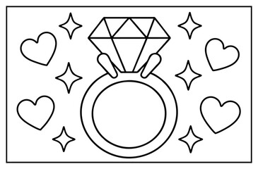 Fototapeta premium Diamond ring illustration featuring sparkling stars and cute hearts in a clean simple line art style