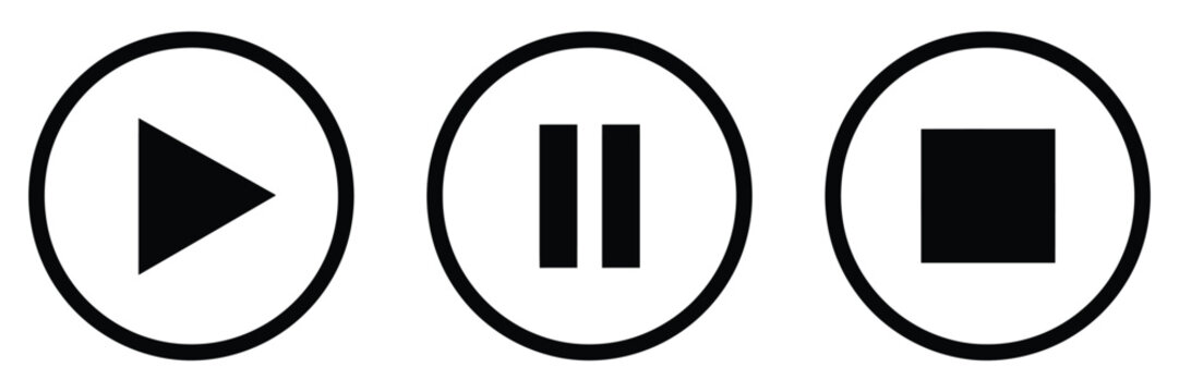 Media control icons, play pause stop buttons, audio video playback symbols, modern flat interface elements, vector illustration set.