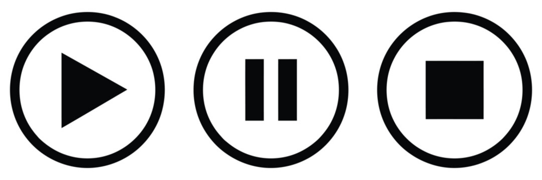 Media control icons, play pause stop buttons, audio video playback symbols, modern flat interface elements, vector illustration set.