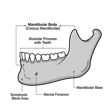 Detailed anatomical diagram of human mandible bone.