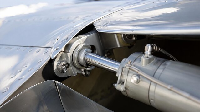 aileron. Close-up of an aircraft aileron's hinge and actuator, polished metal surface. mobility guides, transit brochures, designed for mobility and urban transit guides, used by bi analysts.