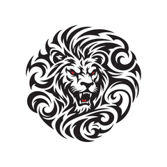 Fototapeta premium Powerful tribal lion head vector illustration featuring fierce red eyes and swirling black mane patterns.