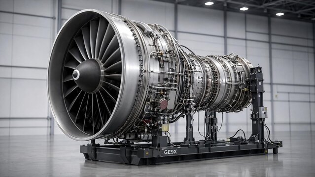 turbofan. Turbofan engine on a test stand in an industrial hangar, metallic surfaces. safety posters, maintenance manuals, designed for industrial assembly lines and welding operations.