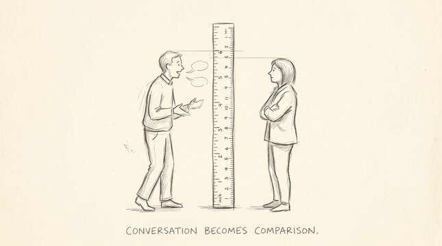 A hand drawn sketch illustration of a man and a woman standing on opposite sides of a tall measuring ruler comparing their relative body heights