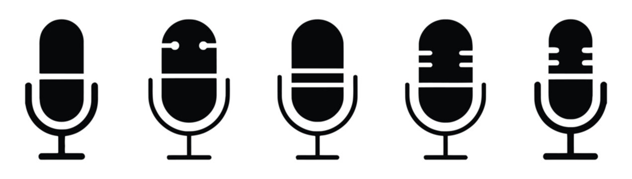 Microphone icons, minimalist black silhouette mic symbols, voice recording audio podcast interview graphics, vector illustration set.