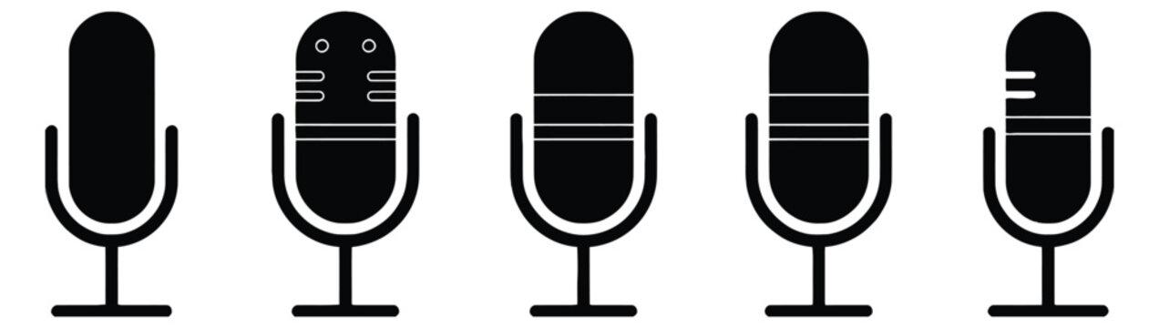 Microphone icons, minimalist black silhouette mic symbols, voice recording audio podcast interview graphics, vector illustration set.