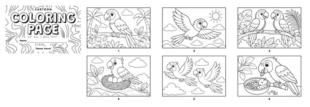 A black and white cartoon parrot coloring book sheet featuring six different preschool-friendly scenes of cute parrots flying, nesting, and perched on branches in a tropical jungle.