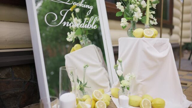 Elegant wedding decor zone with mirror sign fresh lemons and white flowers