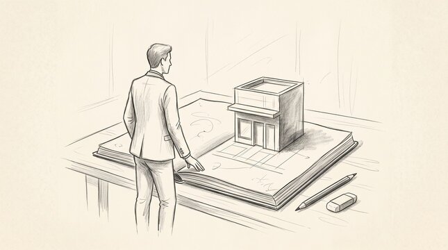 A conceptual hand drawn sketch of a businessman standing at a desk looking at a small three dimensional building model rising from an open book