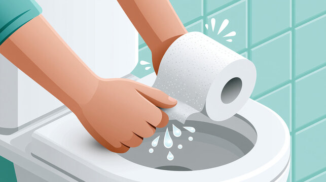 Eine Hand legt eine Toilettenpapierrolle &uuml;ber eine Toilettensch&uuml;ssel, aus der Wasser spritzt.