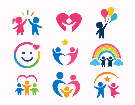 Premium Children Care, Family Support and Kids Happiness Logo Vector Set