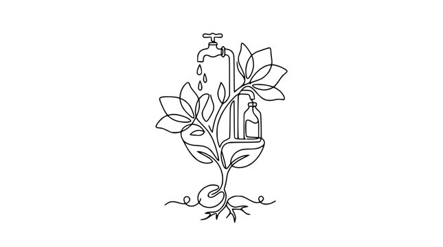 Sustainable Growth: Plant, Water Tap, Droplets, Seedling, Bottle, Continuous Line Art
