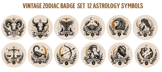 vintage zodiac badge  set  12 astrology symbols © AntaRaya