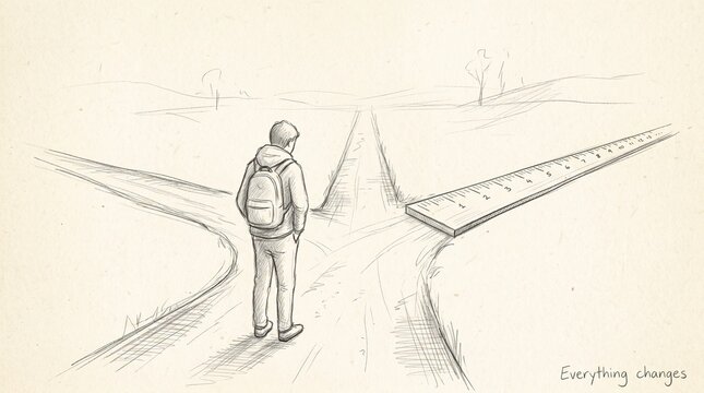A conceptual hand drawn sketch of a person standing at a crossroads facing three different paths representing a difficult life choice and future decision making
