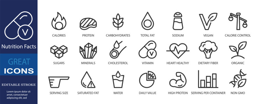 Collection of 21 editable stroke icons designed for nutrition facts labels, food packaging, health tracking dashboards, and nutrition-related UX/UI interfaces. Includes calories, vitamins, minerals