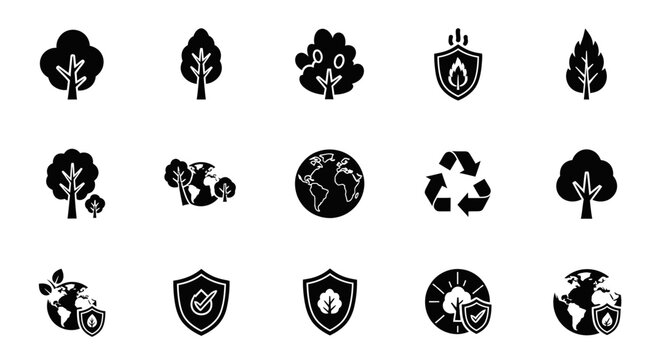 Eco Icons: Trees, Earth, Recycling, Shield, Nature Protection Set