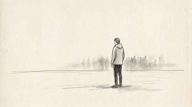 A solitary person stands alone in a vast empty landscape looking towards the horizon in this minimalist pencil sketch illustration representing loneliness and quiet contemplation