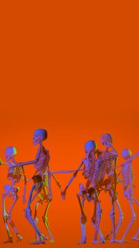 Orange seamless vertical video of skeletons with a sensual dance. Funny halloween background.