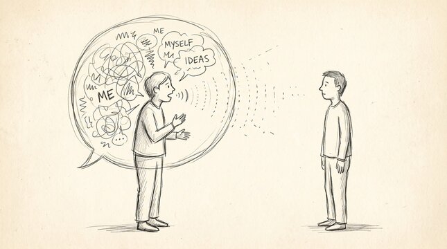 A conceptual hand drawn sketch of a person talking to another person with a large speech bubble filled with chaotic scribbles representing overwhelming verbal communication